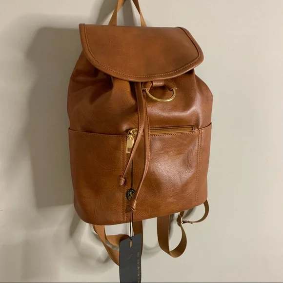 NWT Cognac Faux Leather Backpack - Picture 9 of 13